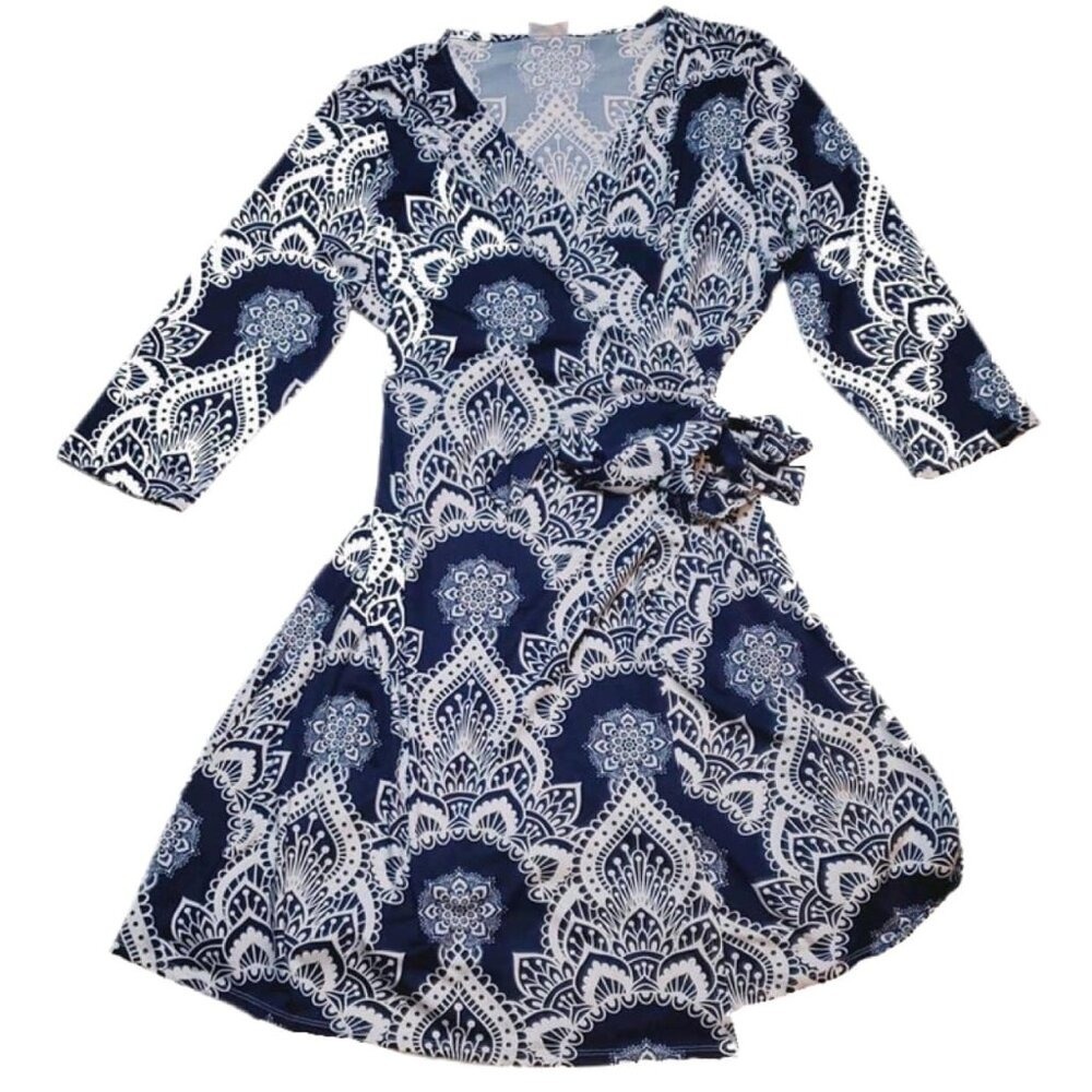 NEW L LuLaRoe Michelle True Wrap Dress Blue Paisley Floral 3/4 Sleeve Tie Waist